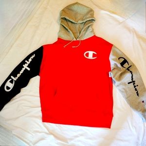Champion Hoodie , Red/black/Gray and white writing . SIZE XL